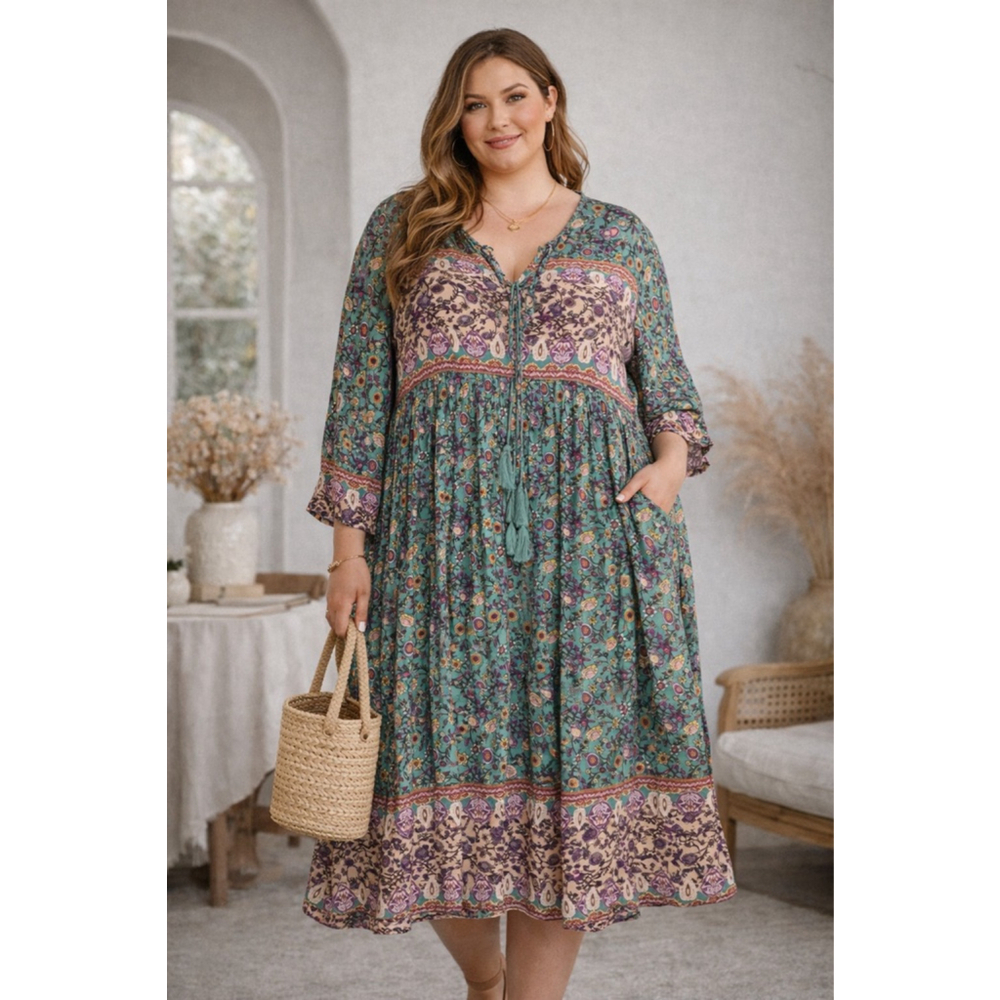 R. Vivimos Boho Floral Midi Dress 2XL Long Sleeve Tassel